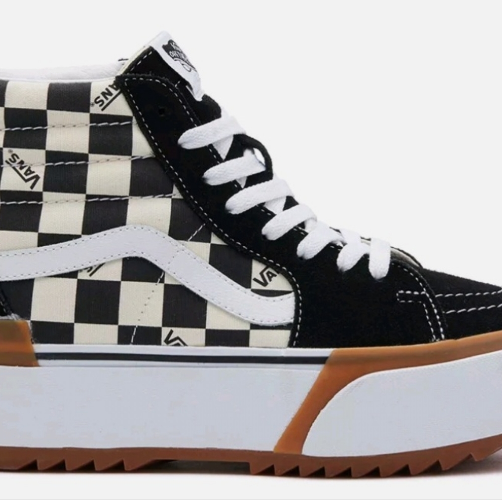 New Vans Sk8-Hi Stacked Checkerboard Black/White Sneakers Platform Shoes 2020